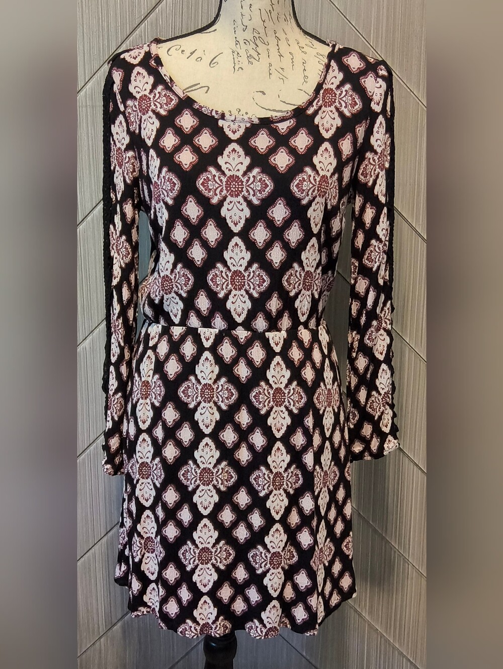 Charlotte Russe M Medallion Print Lace Sleeve Fit Flare Dress Romantic Country